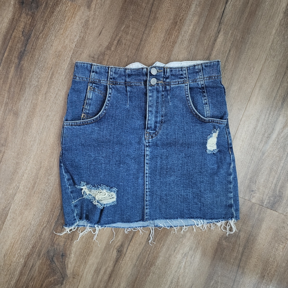 Free People Denim Distressed Mini Skirt